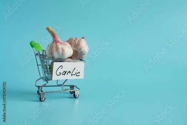 Fototapeta Garlic is a natural antiseptic and medicine. A garlic bulb in a cart in close-up on a light background and the inscription "protection" on the side.	
