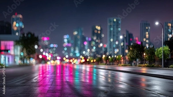 Fototapeta Blurred Cityscape at Night with Colorful Reflections and Rain Wet Asphalt Road Under Street Lights