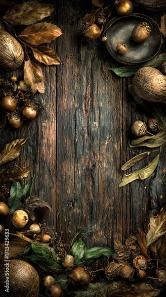 Fototapeta A beautiful arrangement of autumn leaves and various nuts is laid out on a textured wooden surface. The warm colors of the foliage and nuts capture the essence of fall.