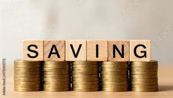 Fototapeta SAVING text displayed on wooden blocks placed over stacked gold coins