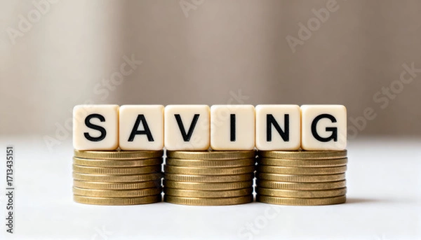 Fototapeta SAVING shown on matte plastic blocks placed neatly on stacks of coins