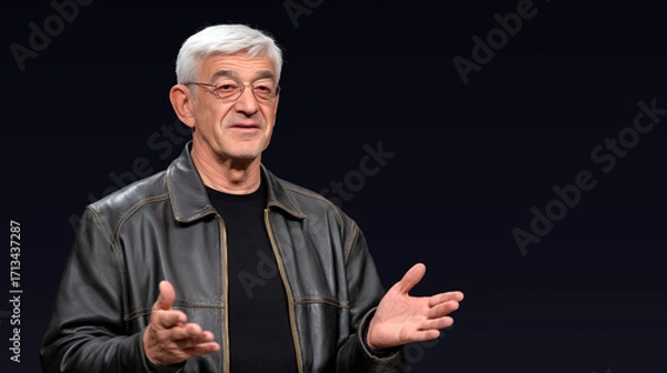 Fototapeta Elderly man in leather jacket speaking with hand gestures on dark background mature confident expression