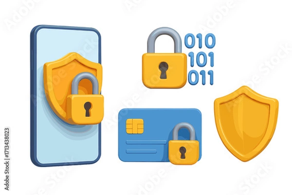 Fototapeta 3D mobile security icon set. Smartphone data protection, credit card safety, financial encryption, and privacy concept. Vector cartoon for cybersecurity and secure payment.