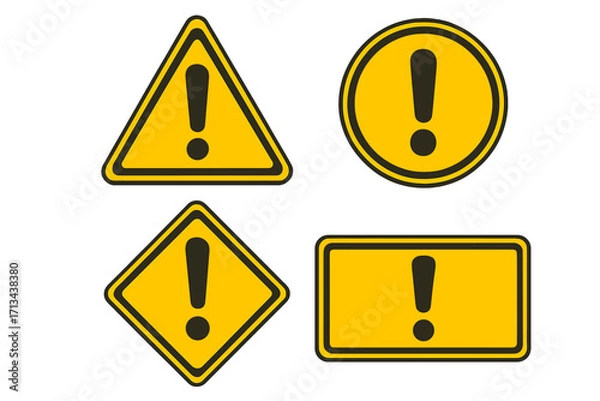 Fototapeta Exclamation mark warning signs caution symbols set, yellow hazard icons with black borders, vector cartoon illustration, attention alert symbols, safety icons collection, transparent background