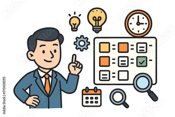 Fototapeta Project management and task planning illustration, vector cartoon business man with calendar, clock, light bulbs, checklist, gears, magnifier, productivity concept, transparent background