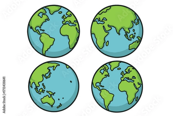 Fototapeta Set of Earth globe maps vector cartoon illustrations with transparent backgrounds, world map views showing continents from different perspectives, colorful and detailed vector design