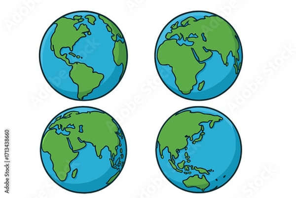 Fototapeta Set of four detailed Earth globes showing different world map views, colorful vector cartoon illustration, geographic layout with continents and oceans, global map collection