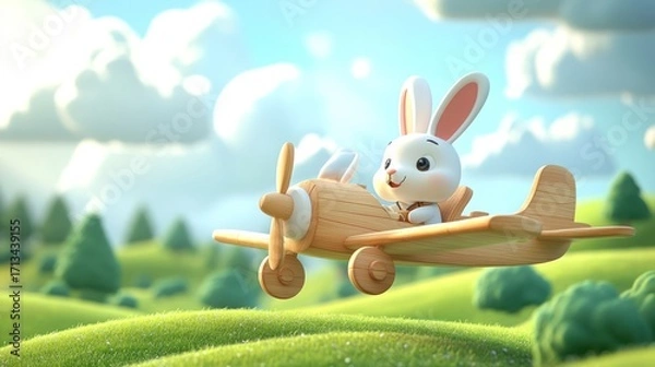 Fototapeta Adorable bunny pilot soars in wooden plane above rolling green hills and fluffy clouds