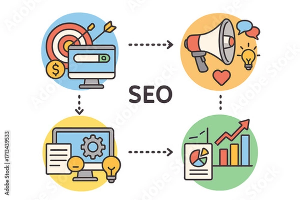 Fototapeta SEO infographic marketing process for business success. Digital strategy with icons for keyword research, analysis, promotion, and analytics. Vector for web design and development.