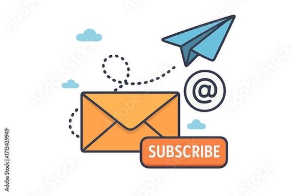 Fototapeta Email marketing newsletter subscription vector concept. Paper plane sends message from envelope. Subscribe button for web banner, online promotion, advertising. Digital send.