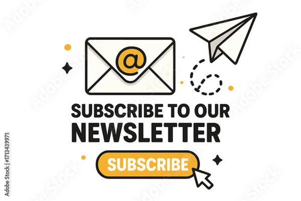 Fototapeta Paper plane email subscription to newsletter marketing banner. Vector illustration with subscribe button CTA. Sign up for mailing list, updates, and online business promotion.