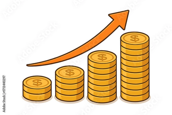 Fototapeta Financial growth concept with stack of gold coins and rising arrow. Investment success, income increase, and profit graph. Business revenue, stock market, and wealth chart.