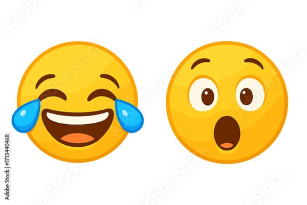 Fototapeta Laughing with tears of joy emoji and surprised face emoticon set. Vector icons expressing happiness, amusement, and shock. Yellow cartoon smiley characters for chat, social media.