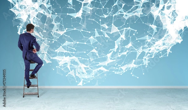 Fototapeta Businessman using connection network on a wall 3D rendering