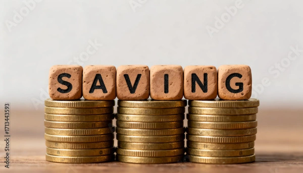 Fototapeta Clay blocks with engraved SAVING letters placed on golden coin stacks