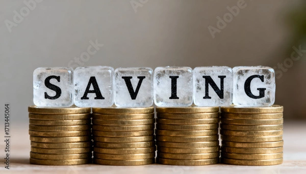 Fototapeta Frozen ice blocks spelling SAVING arranged carefully on shiny coins