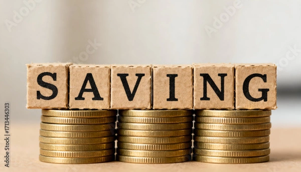 Fototapeta Cardboard cubes displaying SAVING on money stacks, perfect for business themes