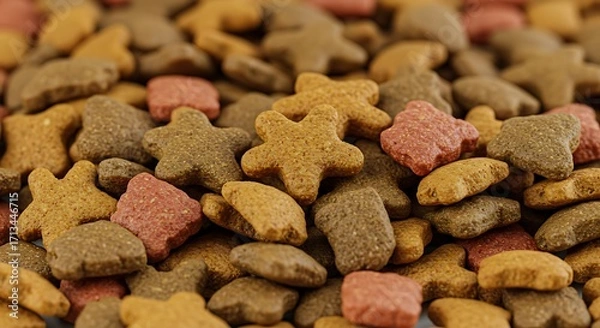 Fototapeta Close-up of assorted star-shaped and kibble-shaped pet food pieces in various brown and pink hues.