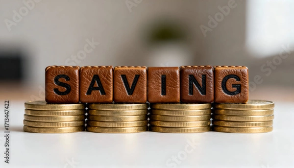 Fototapeta Leather textured blocks embossed with SAVING letters above gold coins