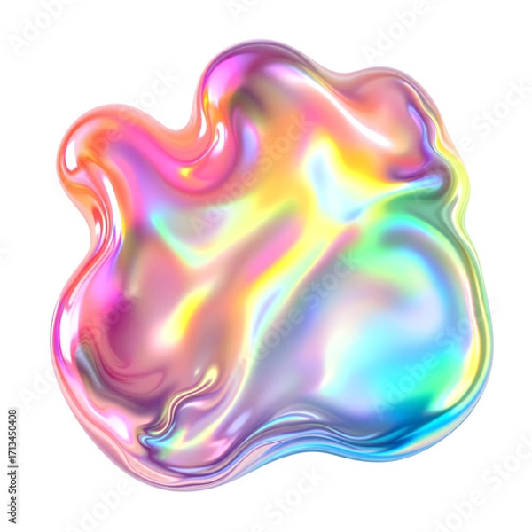 Fototapeta Dynamic iridescent fluid blob with holographic glow, showcasing shifting colors. Abstract liquid splash on white, smooth reflective surface, vibrant and futuristic