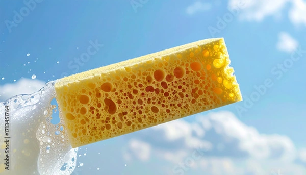 Fototapeta スポンジ 泡 石鹸 柔らかい 清潔 洗浄 掃除 衛生 バブル 泡立つ 気持ちいい 水滴 水 ブルー