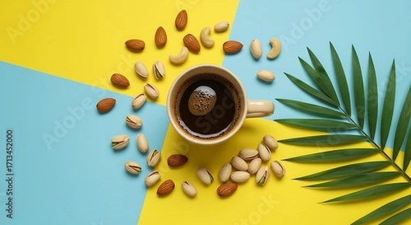 Obraz Coffee, Nuts, and Palm Leaf on Colorful Background