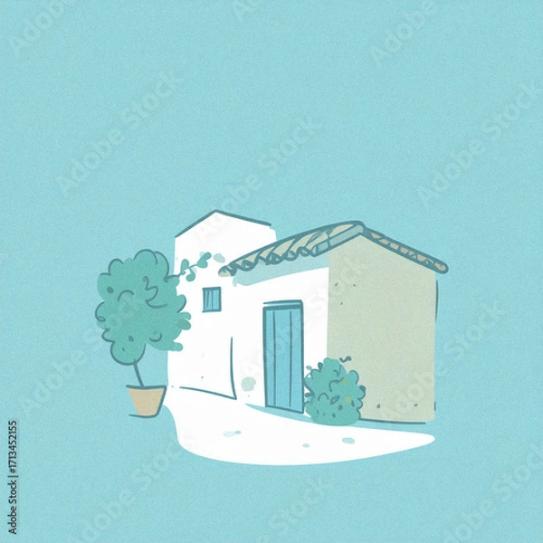 Fototapeta イラスト 建物 家 シンプル 穏やか 静か 癒し 地中海 ヨーロッパ 風景 ノスタルジー 素朴 優しい色合い 落ち着き 平和 手描き