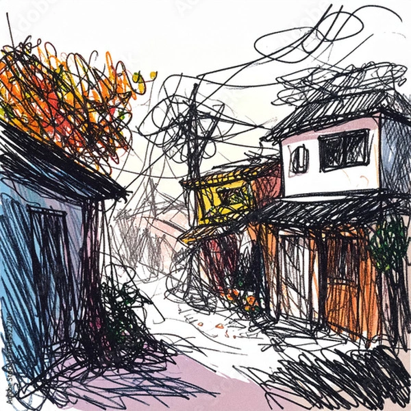 Fototapeta イラスト 水彩画 スケッチ 村 街並み 家 建物 ヨーロッパ 風景 ノスタルジー 牧歌的 穏やか 落ち着き 日常 平和 青空 小道 田舎