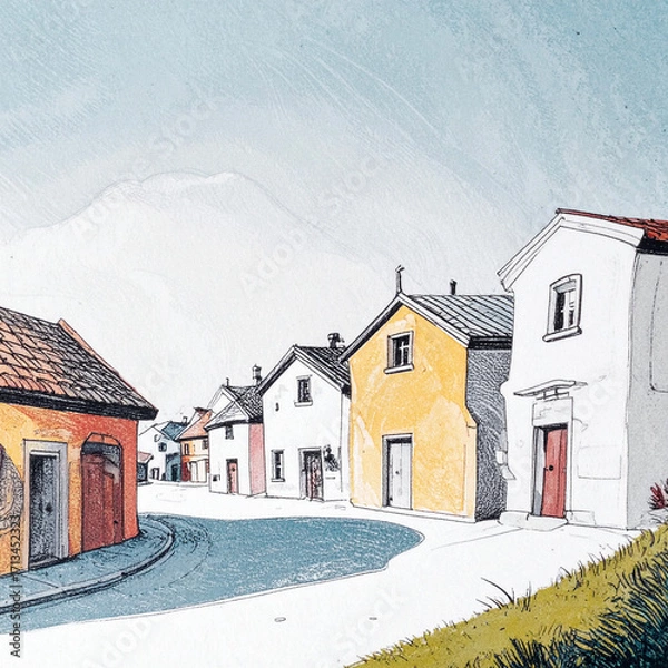 Fototapeta イラスト 水彩画 スケッチ 村 街並み 家 建物 ヨーロッパ 風景 ノスタルジー 牧歌的 穏やか 落ち着き 日常 平和 青空 小道 田舎