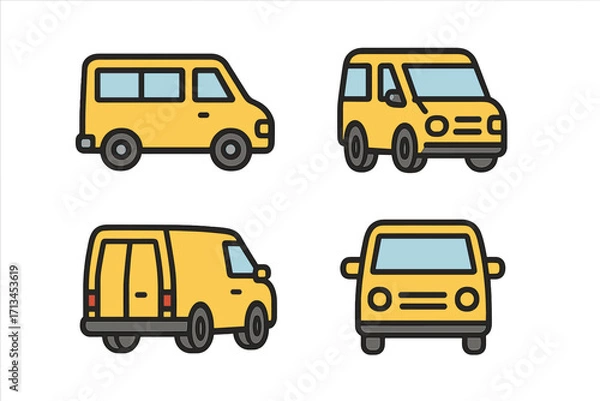 Fototapeta Yellow van icon set from front, back, and side view. Simple linear cartoon pictogram of a commercial delivery truck or minibus for transport, shipping, and logistics services.