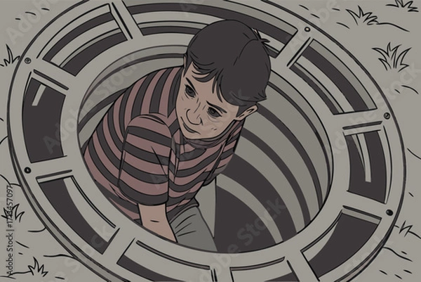 Fototapeta Joyful young boy enthusiastically climbs through a large open circular portal with a sense of adventure