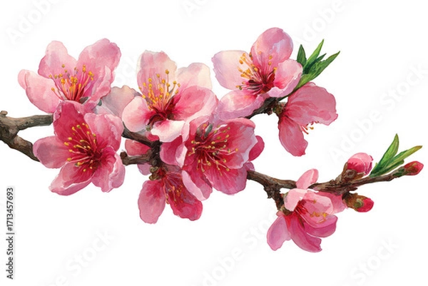 Obraz Peach blossom branch with pink flowers showcases delicate petals and vibrant colors, symbolizing beauty and renewal in nature. This stunning floral arrangement captures essence of spring