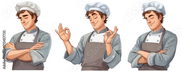 Obraz Young male chef in gray apron and white chef hat displays various confident poses, showcasing relaxed demeanor and culinary expertise. His expressions convey satisfaction and professionalism