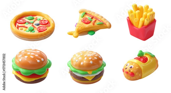 Obraz Delightful fast food toy set featuring pizza, burger, fries, and dessert. Perfect for imaginative play and enhancing creativity in children