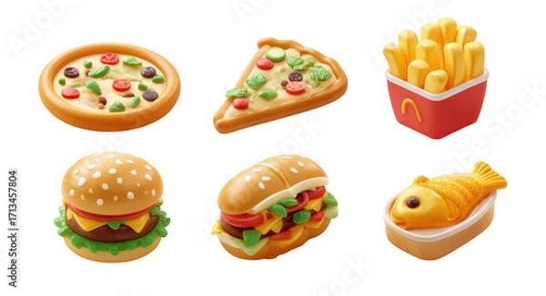 Obraz Delightful collection of fast food toys including pizza, burger, fries, and fish. Perfect for playtime or as collectibles, these colorful items bring joy and fun to any setting