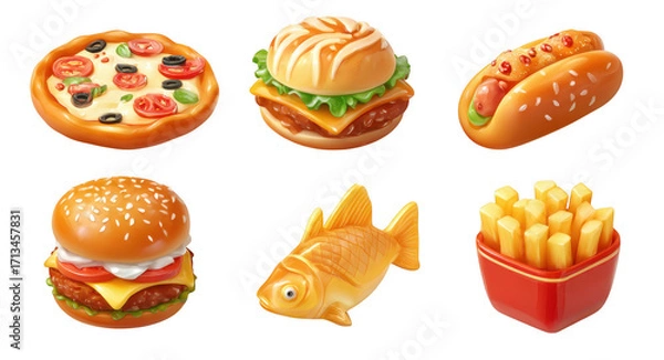 Obraz Delicious fast food icons featuring pizza, burgers, hot dogs, fish, and fries create vibrant and appetizing collection. Perfect for menus or food related designs