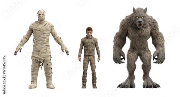 Obraz Mysterious characters stand together in spooky scene mummy, young boy, and fierce werewolf. Each figure showcases unique features and styles, evoking sense of adventure and intrigue