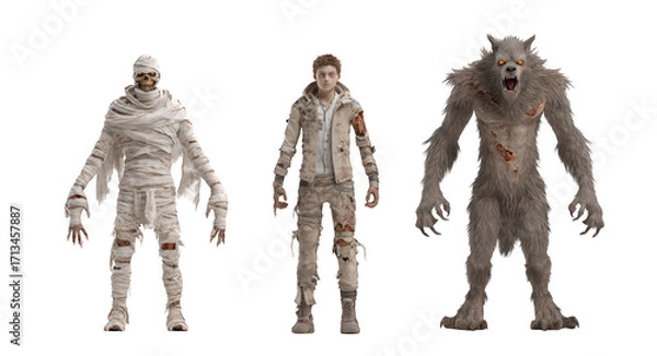 Obraz Render of three characters mummy, zombie, and werewolf, showcasing spooky theme with detailed textures and expressions. characters evoke sense of horror and adventure