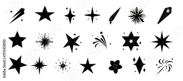 Obraz Black vector star icons collection featuring various designs, including stars with decorative elements and sparkles, perfect for graphic design projects