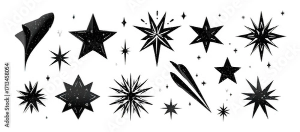 Obraz Black vector star icons collection featuring various star shapes and designs, perfect for decorative purposes. These unique star illustrations add whimsical touch to any project