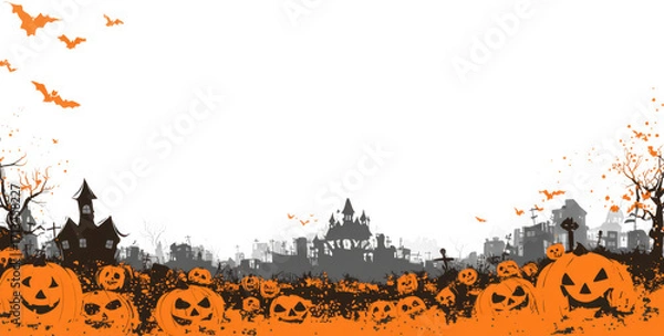 Obraz Spooky Halloween background featuring scary pumpkins, bats, and haunted town silhouette, creating eerie atmosphere perfect for festive celebrations