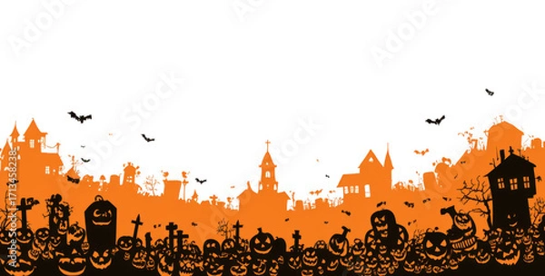 Obraz Spooky Halloween background featuring silhouette of haunted town with scary pumpkins, bats, and eerie trees, creating festive yet chilling atmosphere