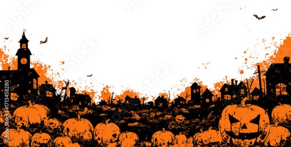 Obraz Spooky Halloween background featuring field of pumpkins and haunted town silhouette, creating eerie atmosphere perfect for festive celebrations
