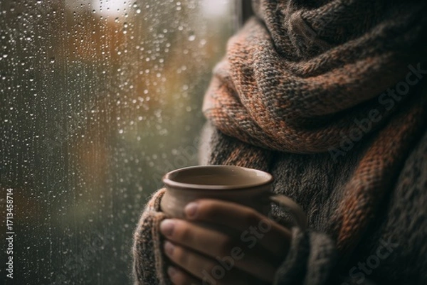 Fototapeta A person wrapped in a scarf holding a mug near the window. Rain falls softly outside