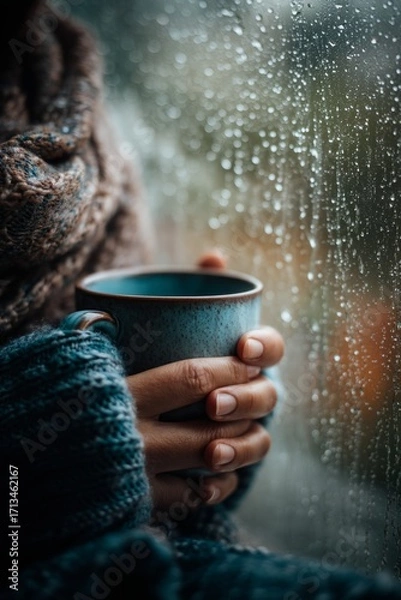 Fototapeta A person wrapped in a scarf holding a mug near the window. Rain falls softly outside. The mood feels comforting and serene