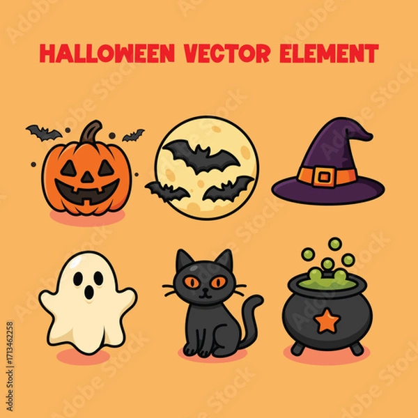 Fototapeta Cartoon Halloween Vector Elements – Pumpkin, Ghost, Cat, Bat, Witch Hat, and Cauldron