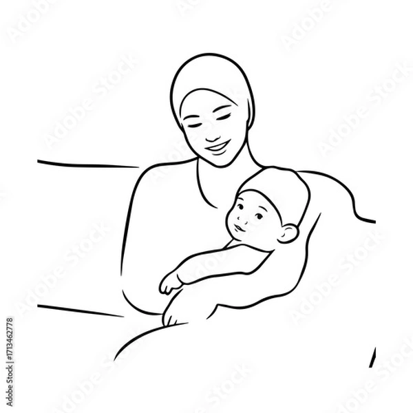 Obraz Black and White Vector Illustration of a Beautiful Mother Caring for Child in Minimalist Line Art Style