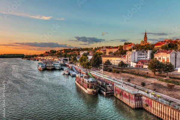 Fototapeta Concrete ship in Belgrade's port and sunset. HDR image