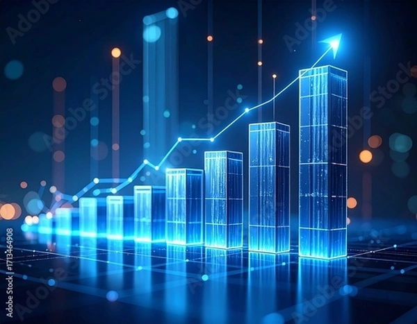 Fototapeta A glowing blue bar graph with an upward trending arrow suggests growth, progress, and positive financial performance.