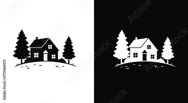 Fototapeta A black and white illustration of a house with trees on a hill, presented in two contrasting color schemes.